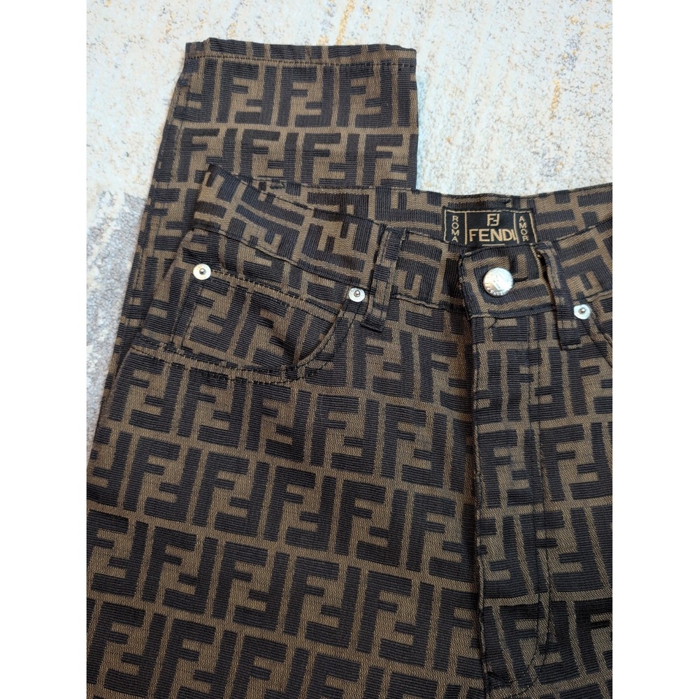 Fendi Women's Pants Logo Brown Luxury All Over Print Italy Tapered Size 26 - Picture 8 of 14